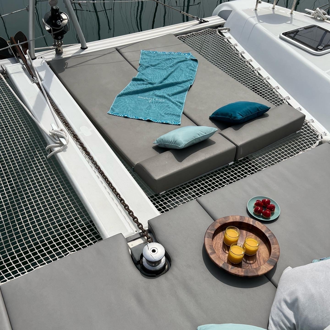 Sunbathing area on the front of our catamaran.